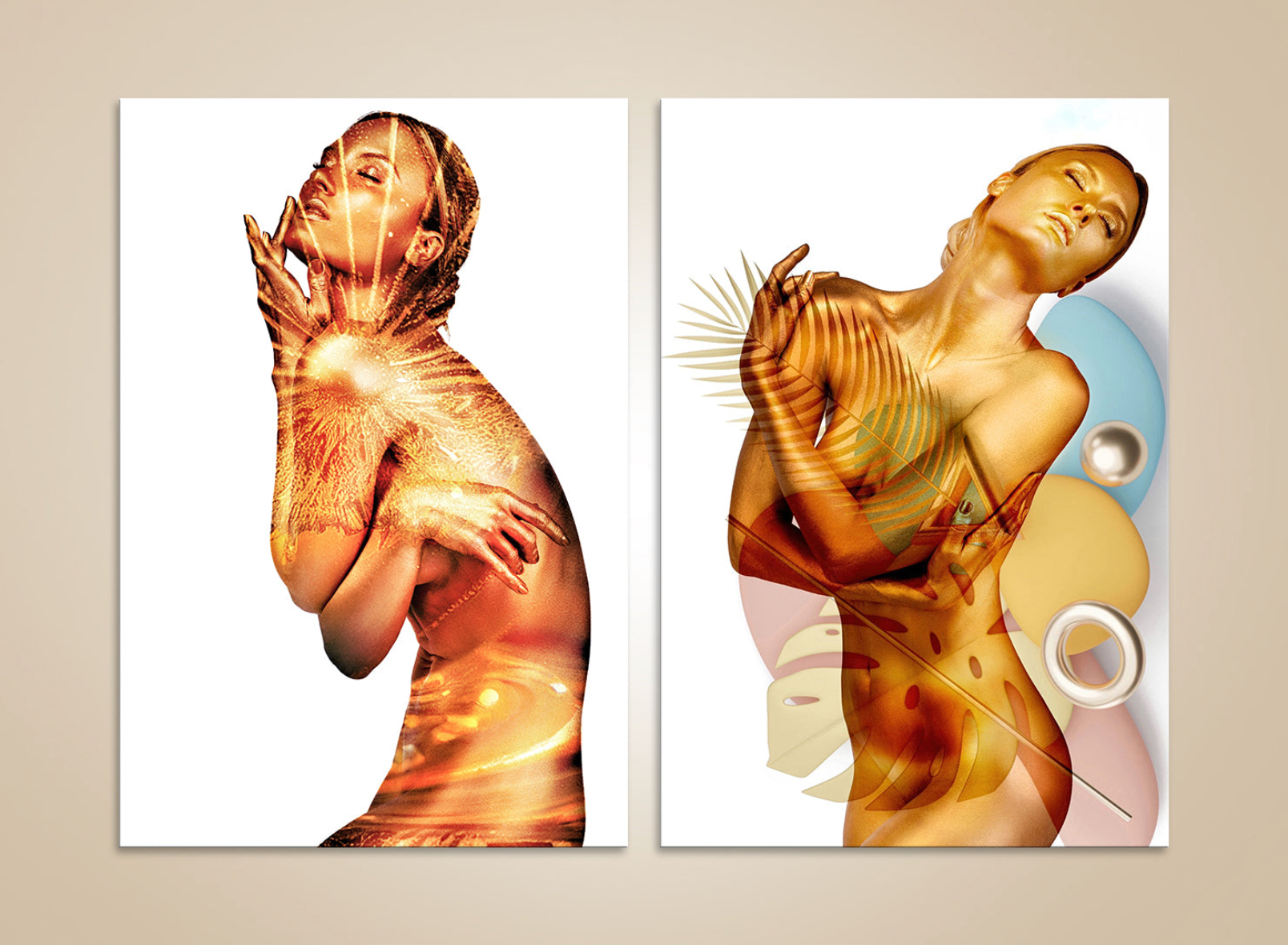 Golden goddess diptych wall art – fine art photography with sun and botanical fusion