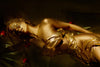 Golden nude woman reclining on golden silk with roses and a Venetian mask, radiating sensual mystery and divine feminine energy