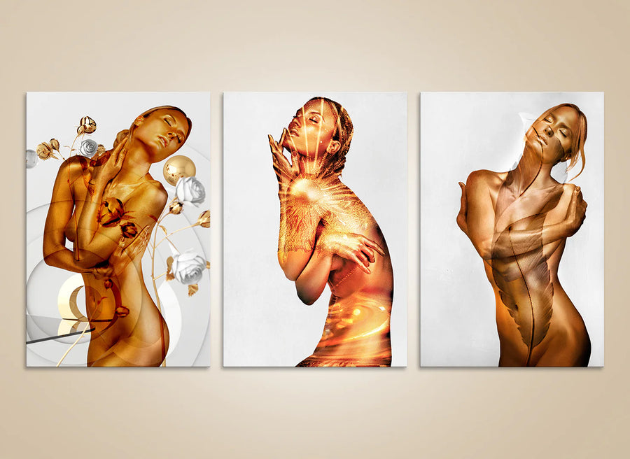 Golden nude goddess triptych wall art set – luxury abstract fine art photography with surreal gold tones