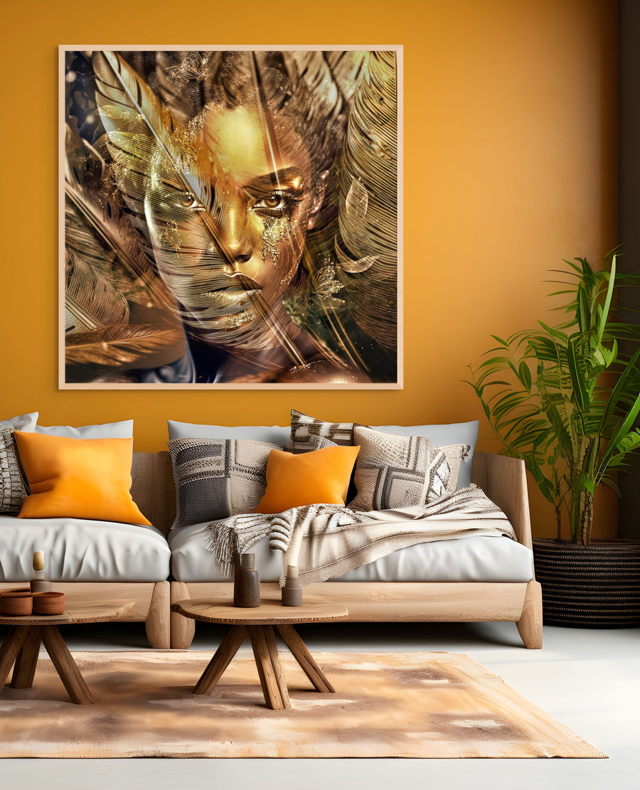 Striking golden goddess portrait with feather details, displayed as modern luxury wall art above a stylish sofa in a warm, contemporary living room.