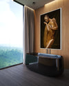 Golden goddess artwork of a nude woman draped in shimmering gold fabric, exuding sensuality and elegance in fine art wall decor by Zack Zublena.