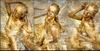 Venezia carnival goddess in gold body painting with Venetian mask, erotic fine art photography triptych for luxury interiors.