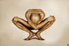 Golden-painted nude male in deep yoga squat pose against beige background by Zack Zublena