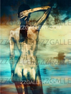 Golden nude fine art photography of a woman by the ocean, luxury wall art with surreal horizon and divine gold tones