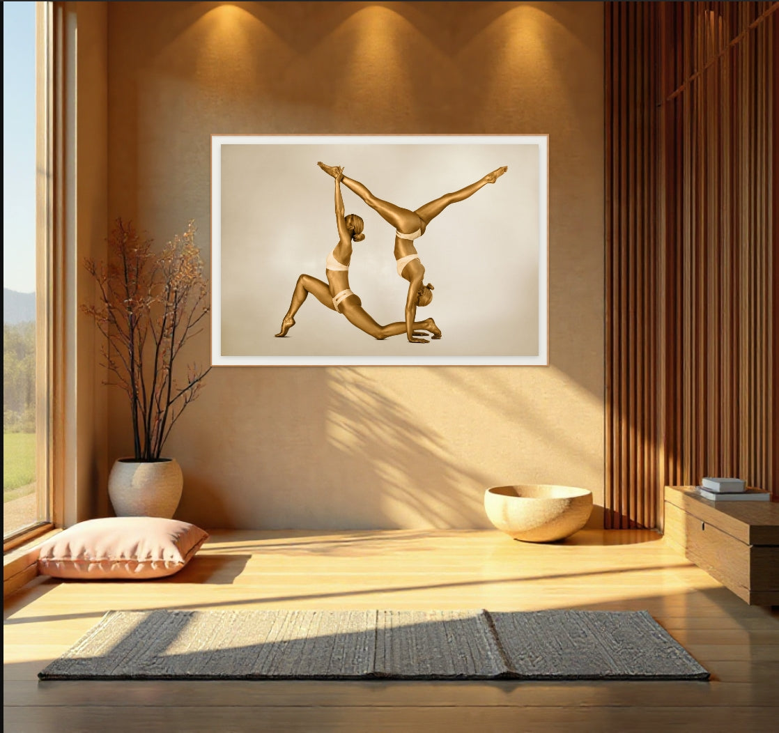 Golden duo in sculptural yoga balance pose, fine art photography symbolizing kinship, harmony, and unity. Luxury gold artwork for spa and interior design.