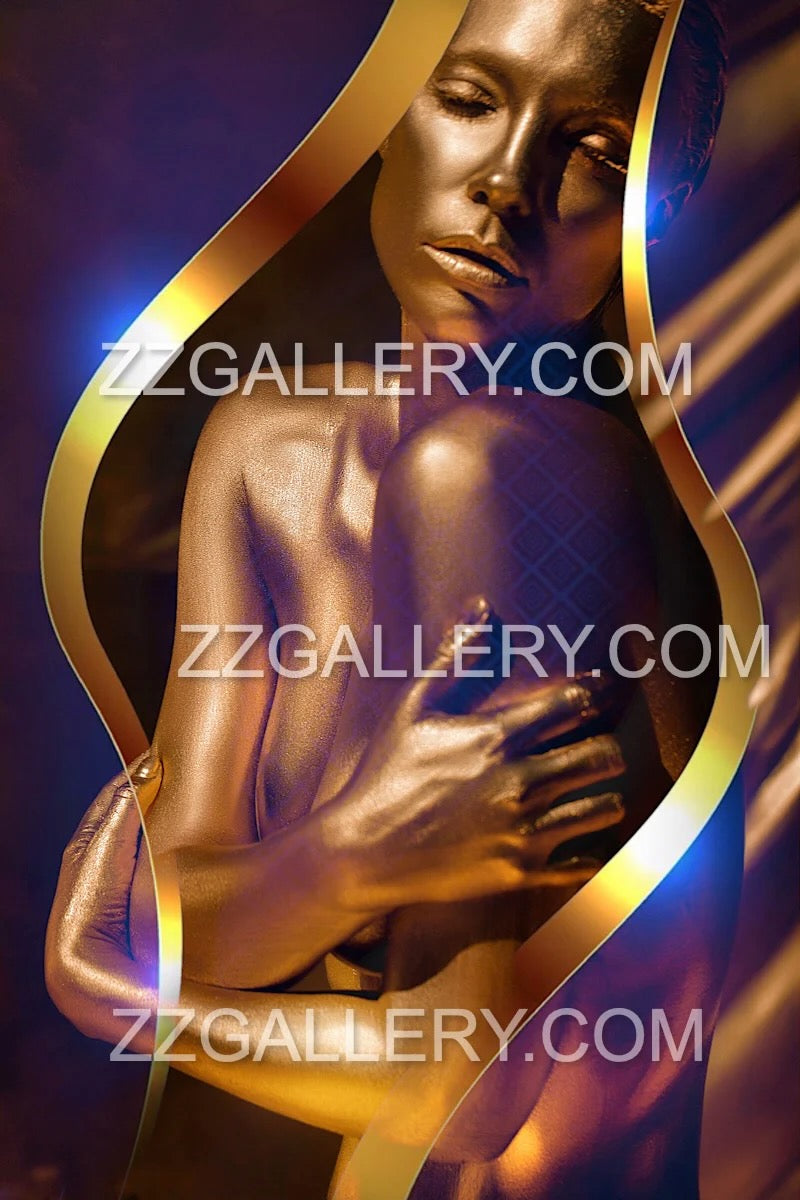 Surreal golden nude woman with sacred feminine energy and glowing color ribbons – contemporary fine art by Zack Zublena