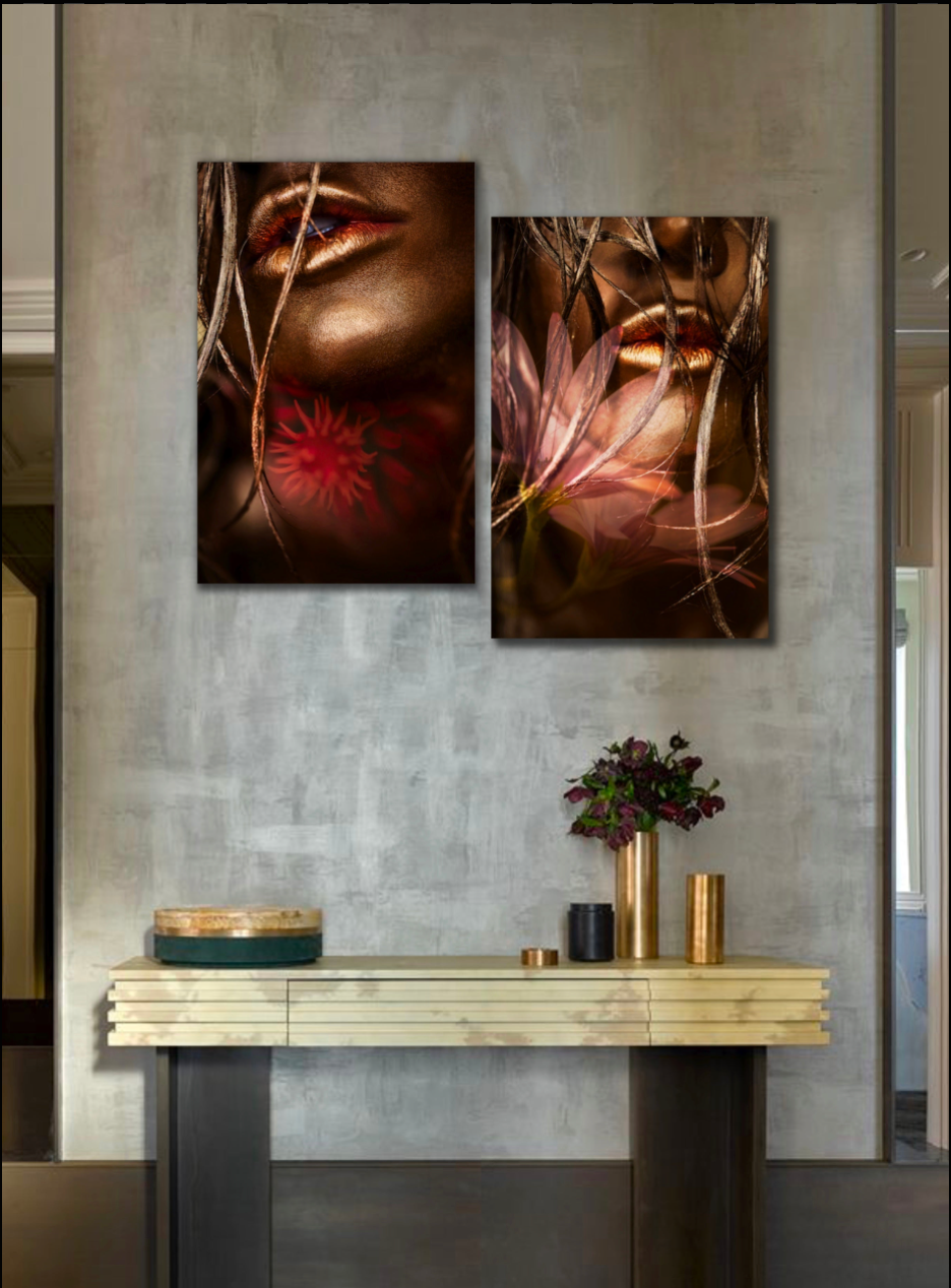 Golden lips floral diptych wall art – luxury fine art photography for spa, beauty salon, and wellness interior design