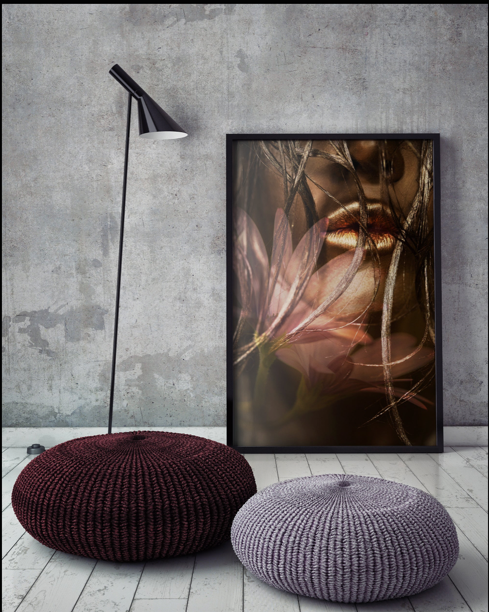 Close-up of glossy golden lips framed by wet hair and translucent petals, high-impact fine art wall décor for elegant, luxury interiors.