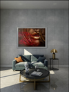 Close-up of golden lips with red floral overlay, sensual fine art wall decor.