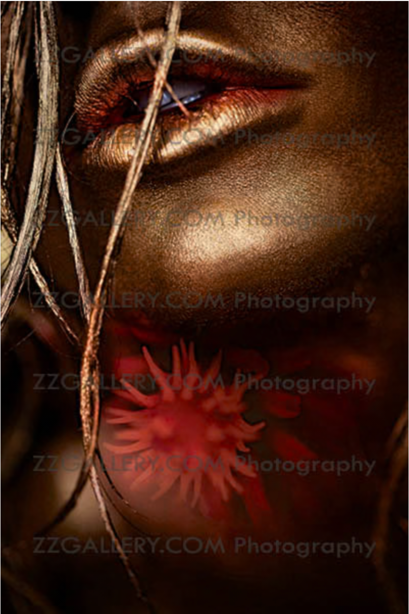 Golden lips with red flower – luxury fine art wall decor for spa, beauty salon, and wellness interiors