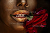 Close-up golden lips biting a red rose – luxury fine art wall photography