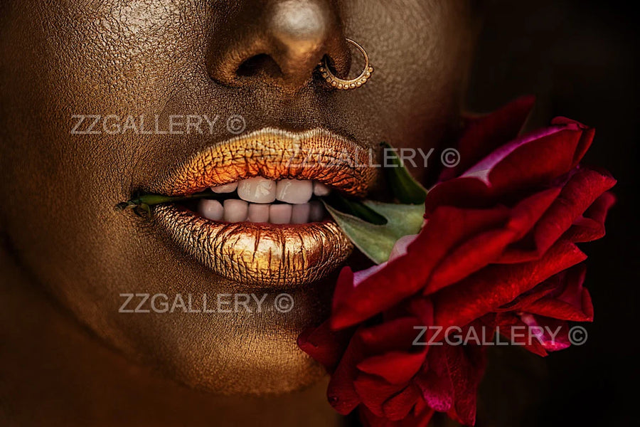 Close-up golden lips biting a red rose – luxury fine art wall photography