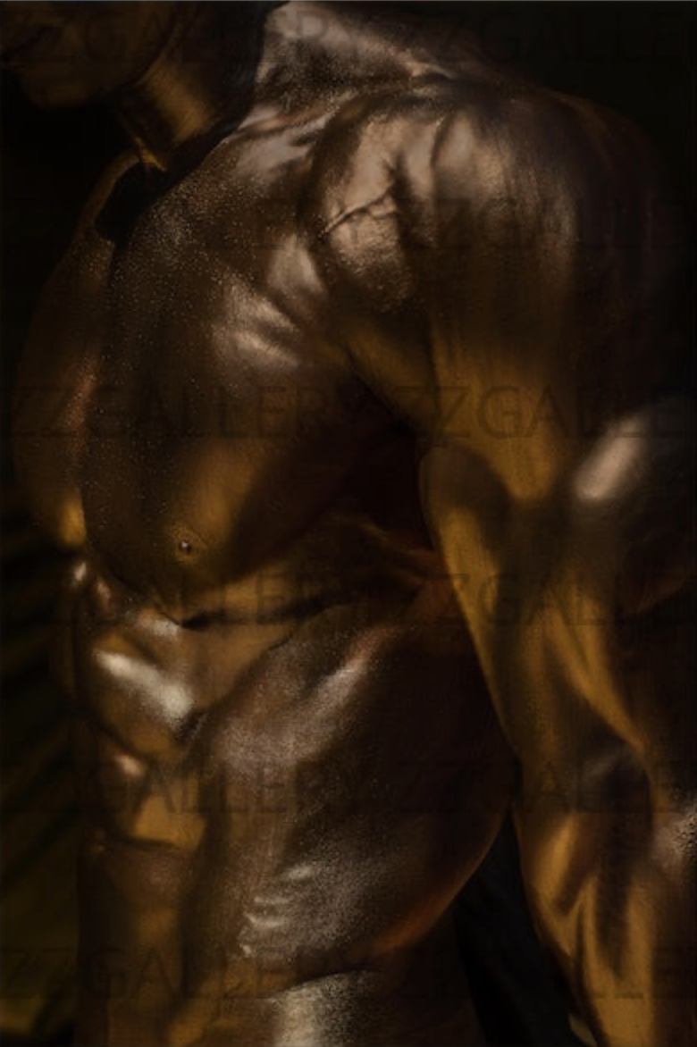 golden male abs and muscular torso, luxury fine art nude photography, contemporary gold wall decor