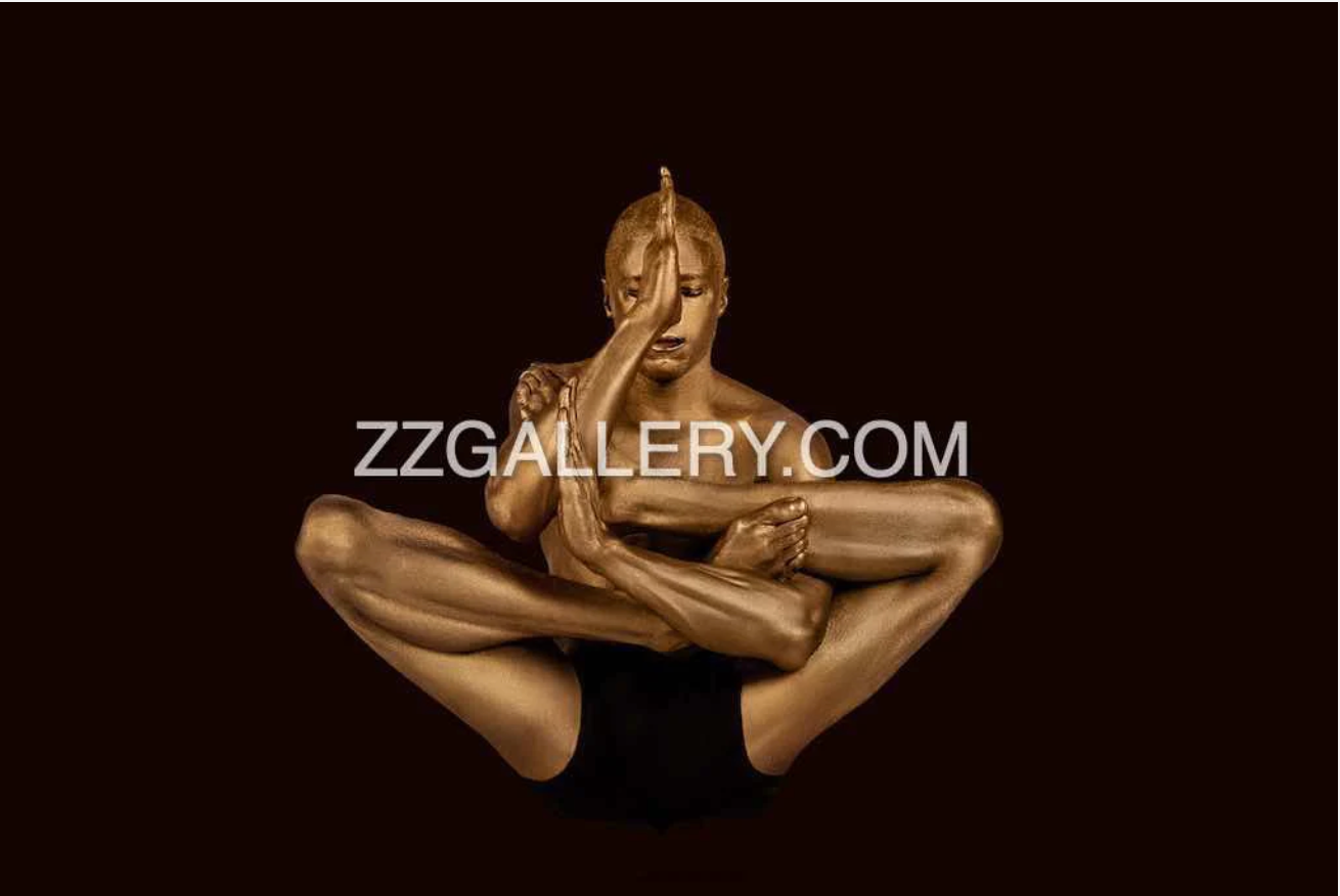 Golden male advanced yoga meditation pose fine art photography on dark background wall art print