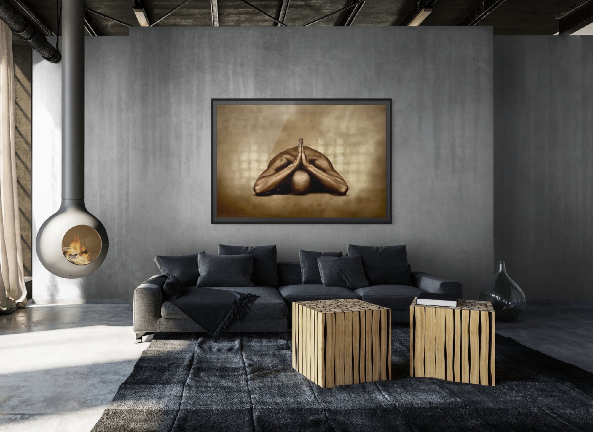 Gold-painted male figure in a child’s pose with folded hands, fine art wall decor in a modern living room interior.