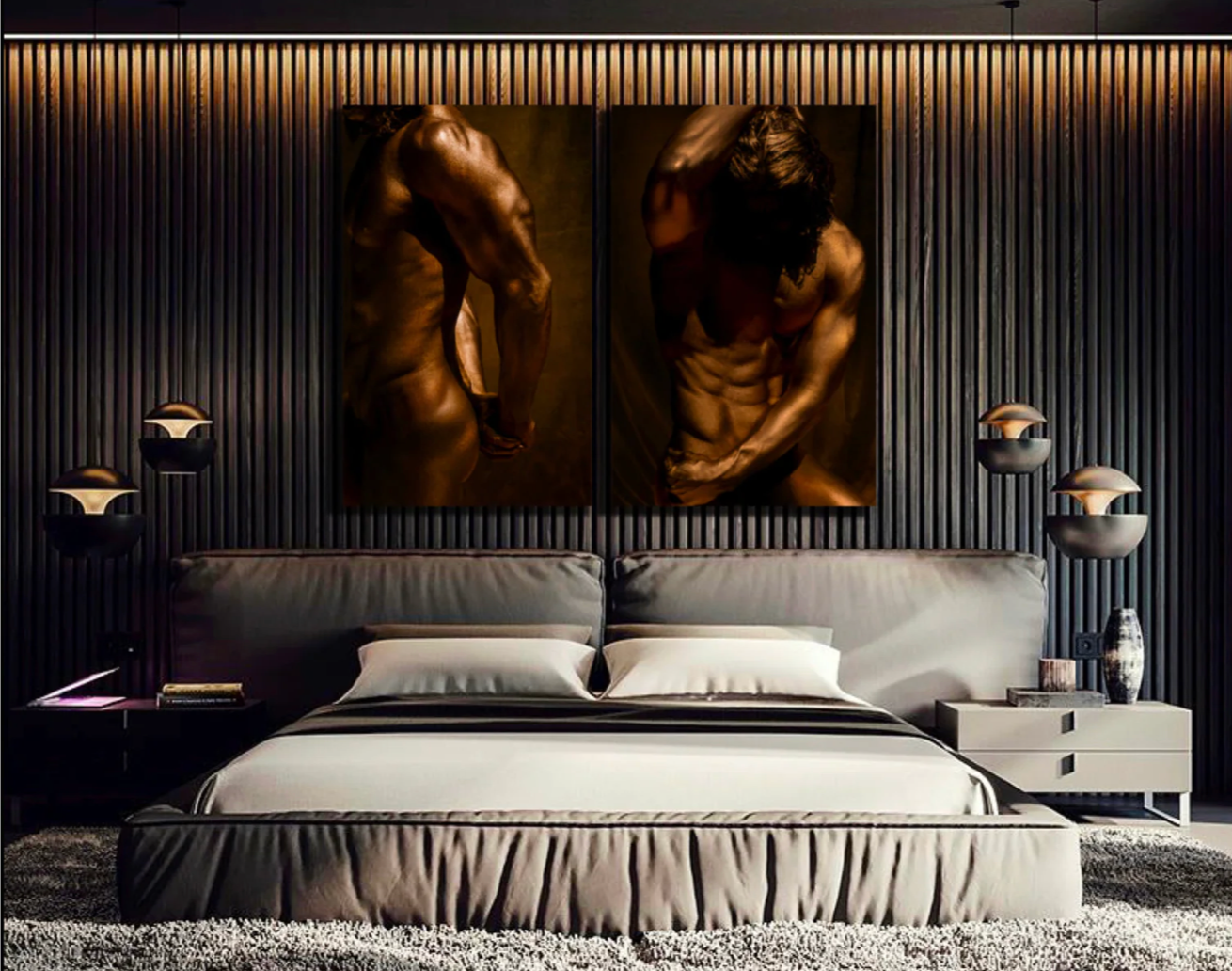 Golden male diptych wall art displayed above a modern bed, fine art photography in warm tones for luxury interiors, boutique hotels, and sophisticated spaces