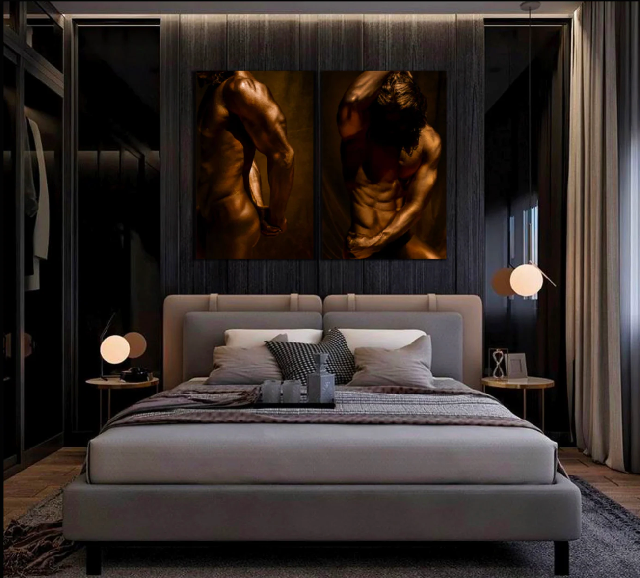 Diptych of golden male figure wall art displayed above a modern bed – luxury fine art photography for sophisticated interiors, boutique hotels, and design spaces