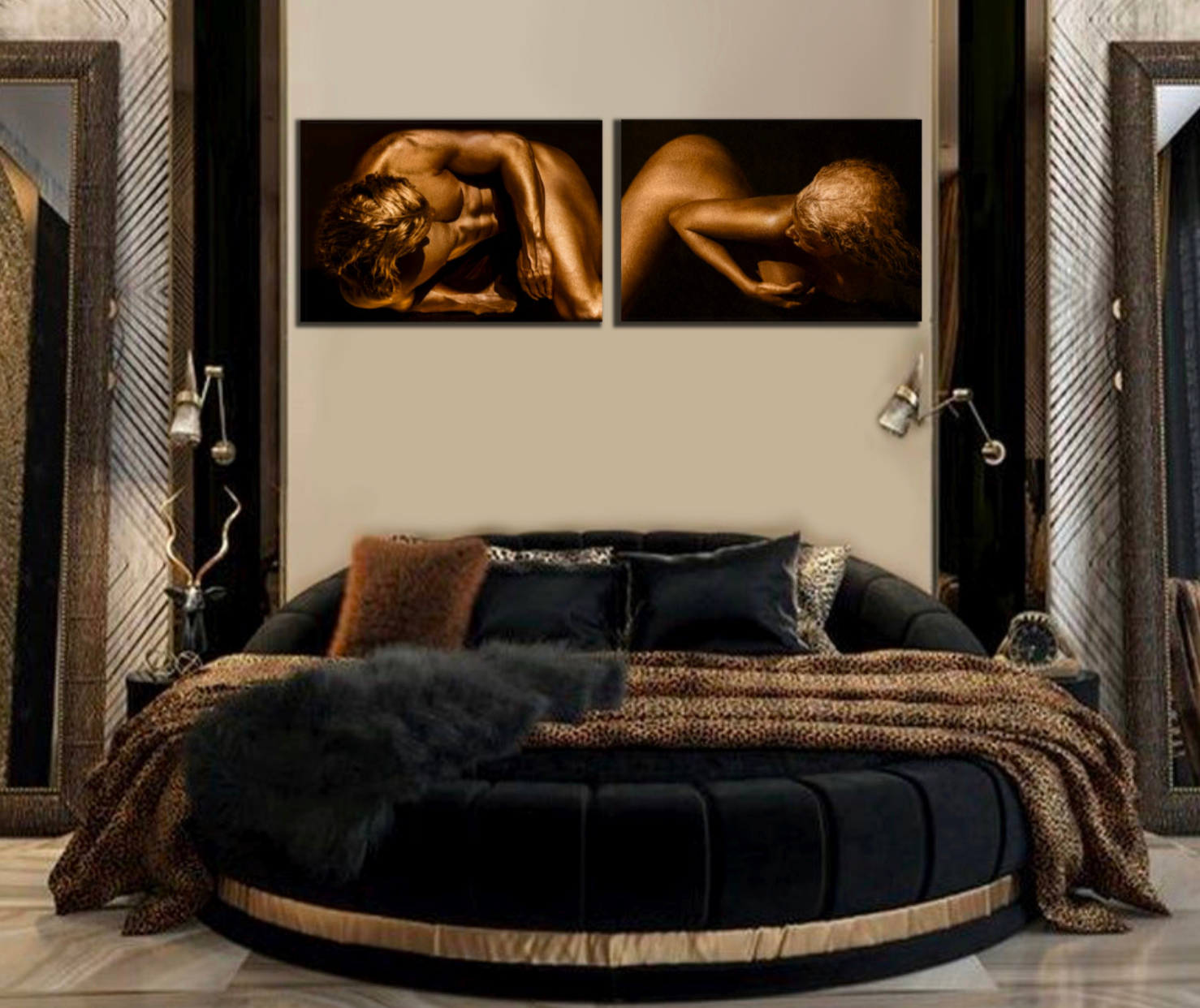 Golden male and female fine art diptych in shimmering gold tones, displayed as luxury interior wall decor.
