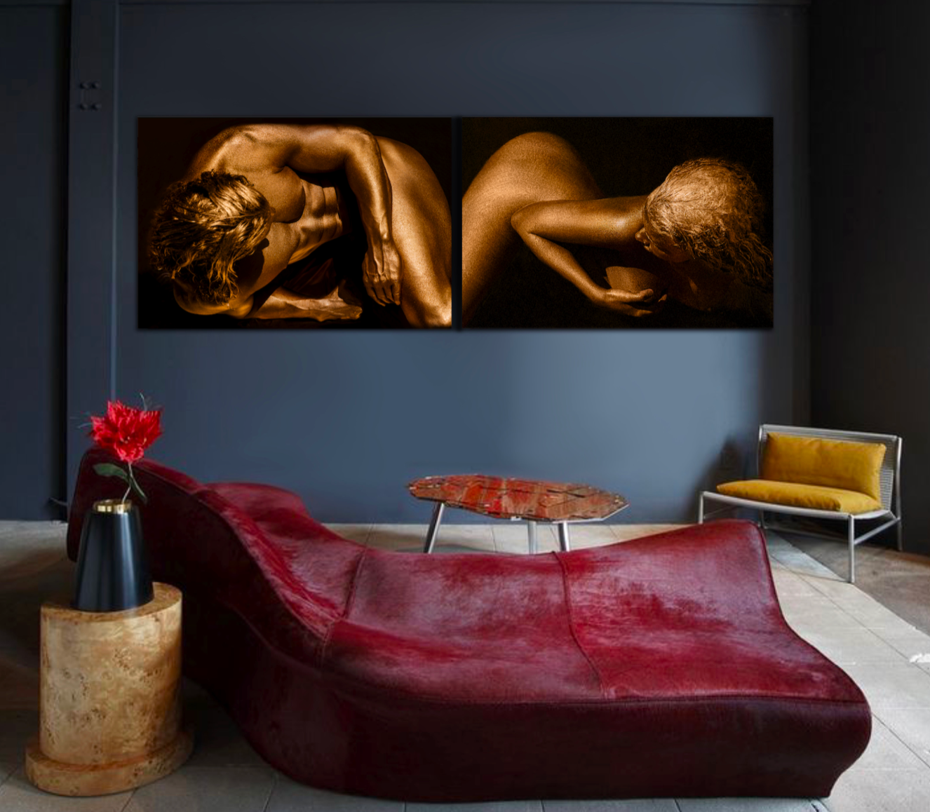 Golden male and female diptych, fine art photography in gold tones for luxury interior wall decor.