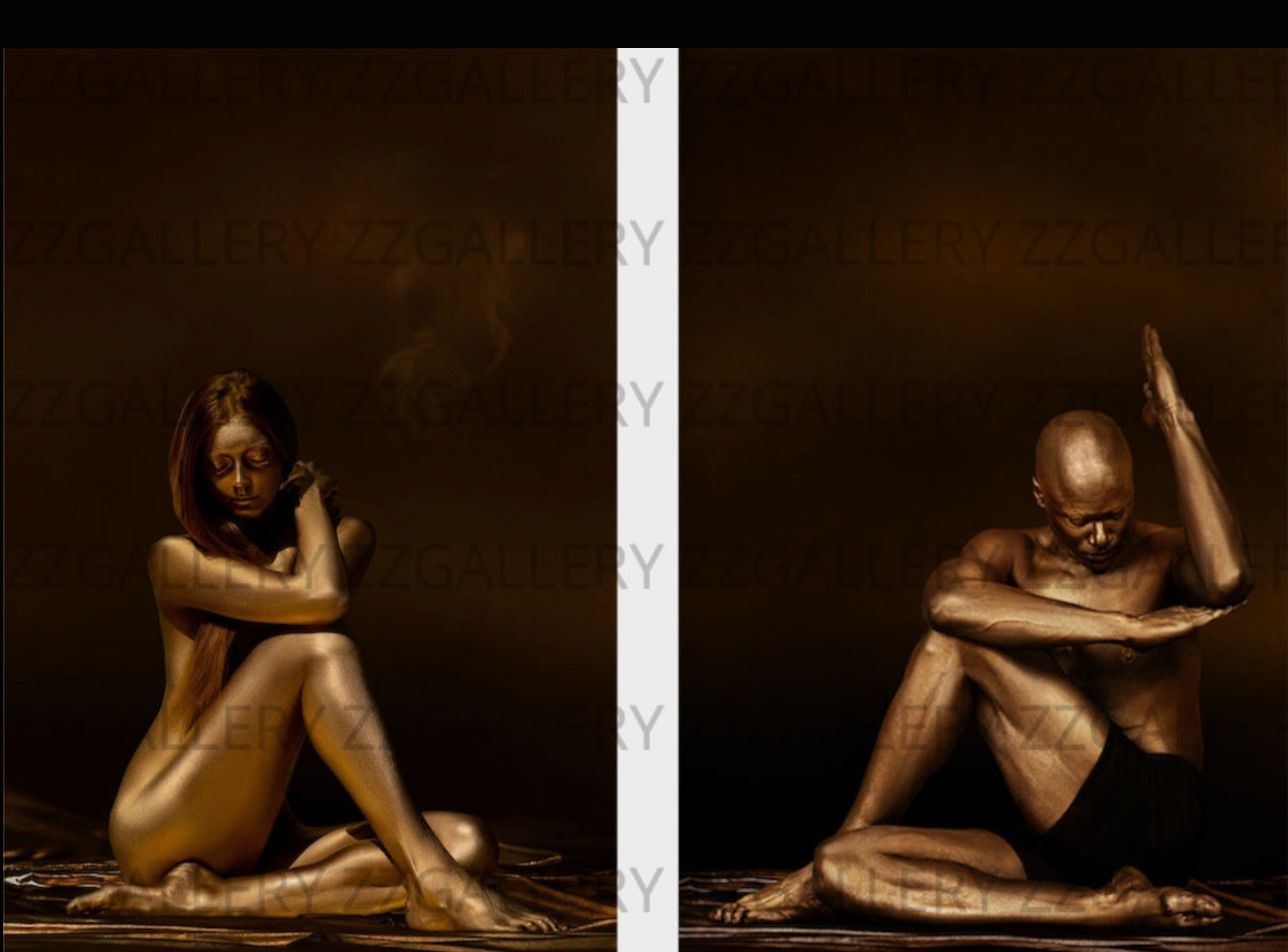 Golden male and female silhouettes diptych in yoga poses, painted in radiant gold tones, symbolizing balance, spirituality, and luxury fine art.
