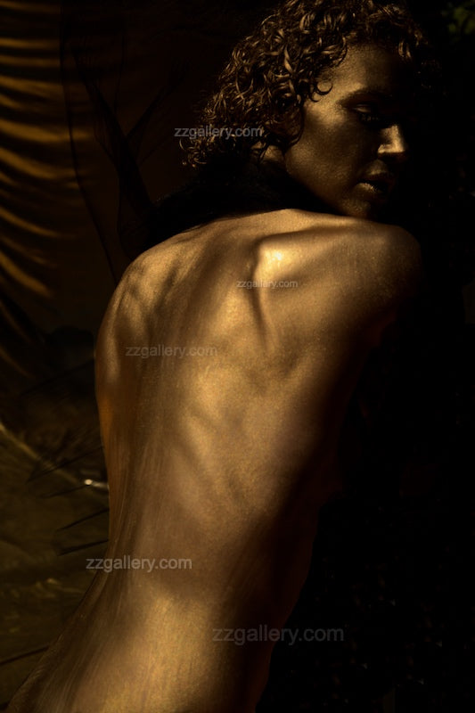 Golden-painted male figure photographed from the back, highlighting sculptural details and dramatic light contrasts in fine art photography.