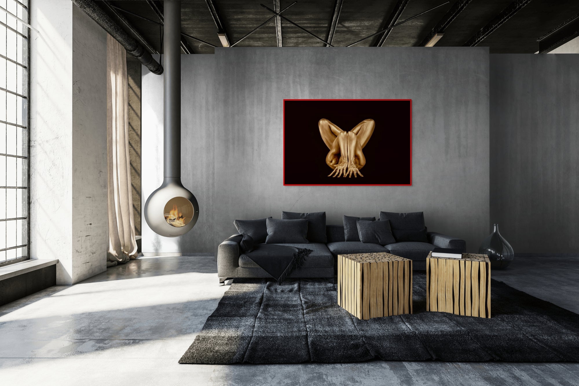 Golden male figure in folded geometric pose against dark background – contemporary fine art wall art by Zack Zublena