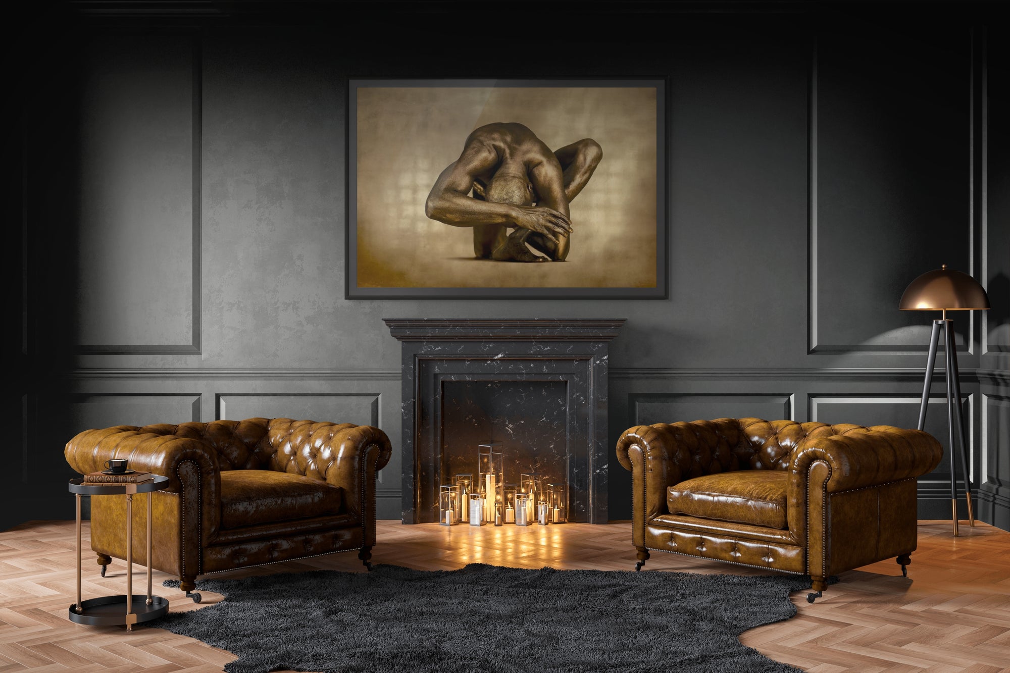 Golden-painted male figure in a sculptural yoga pose, fine art wall decor displayed above a black fireplace in an elegant living room with leather chairs.