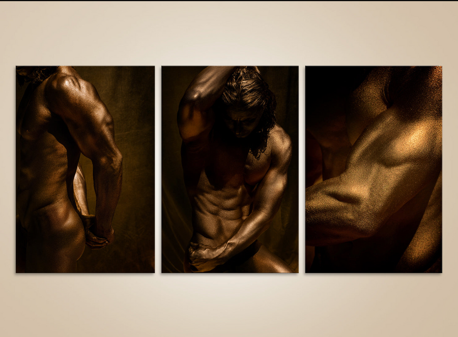 Golden male nude triptych gay erotic fine art photography – luxury LGBTQ+ wall art for bedrooms and collectors