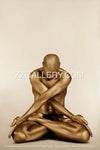 Golden male nude yoga pose with crossed arms – luxury fine art photography for meditation, wellness spaces, yoga studios, and contemporary wall decor.