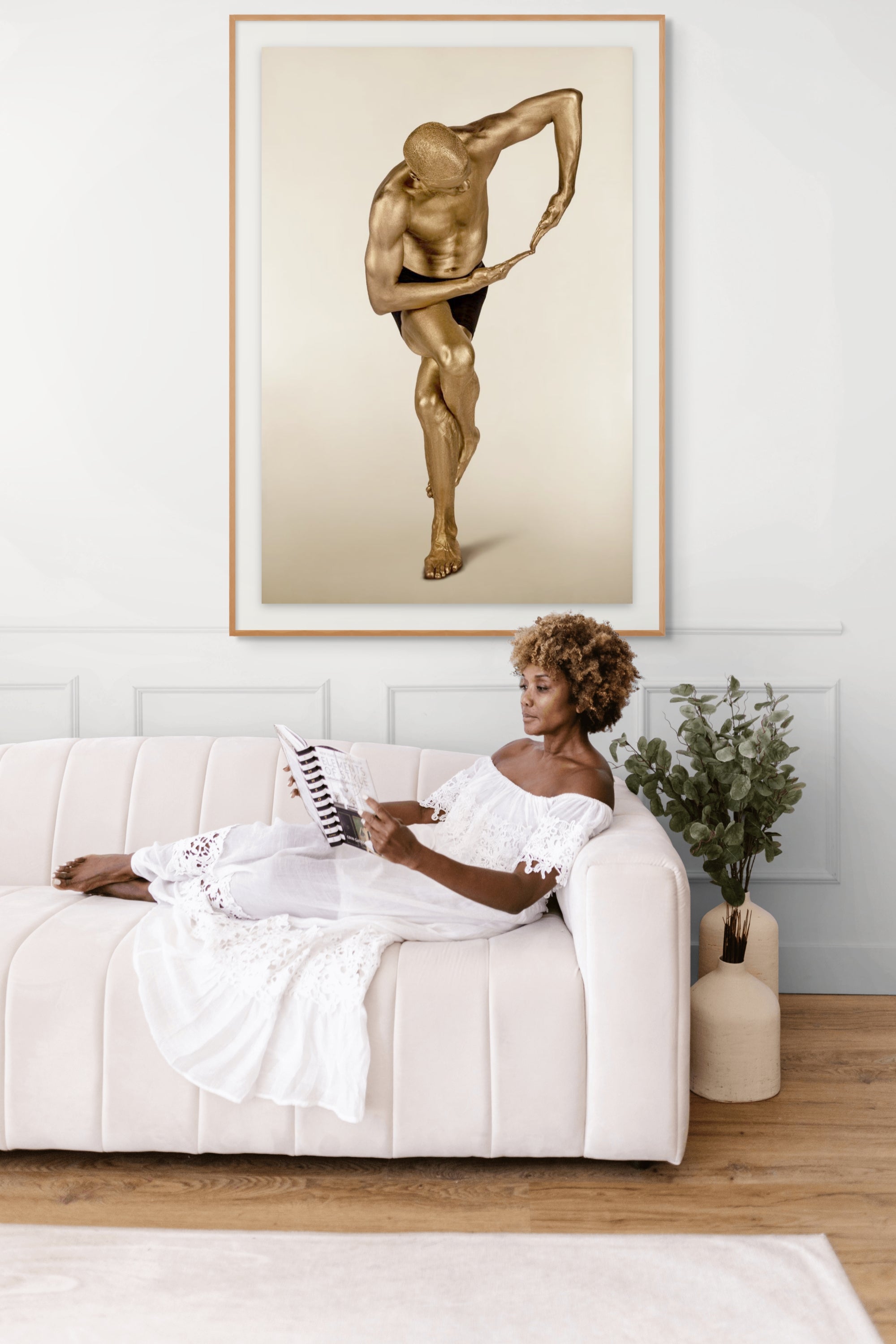 Elegant golden sculptural yoga figure in a refined pose, fine art wall print ideal for luxury interiors, wellness spaces, and modern collections.