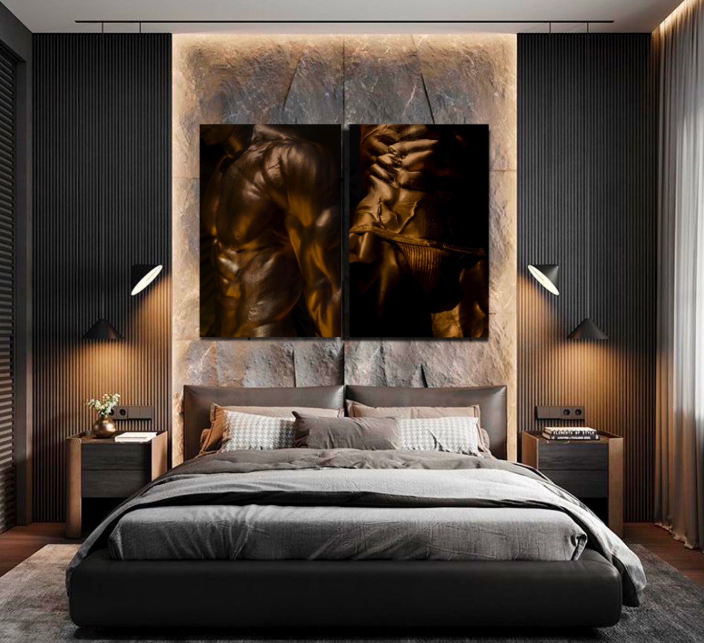 Golden male torso diptych wall art – luxury sculptural gold photography for modern bedroom, gallery, or interior decor