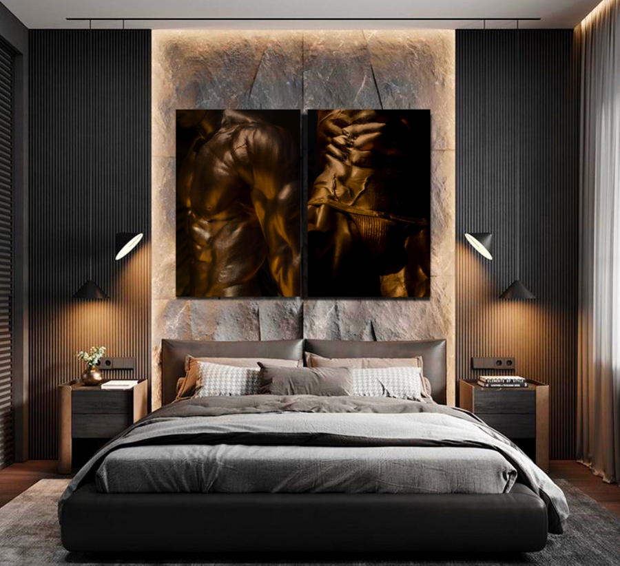 Golden male torso diptych wall art – luxury sculptural gold photography for modern bedroom, gallery, or interior decor