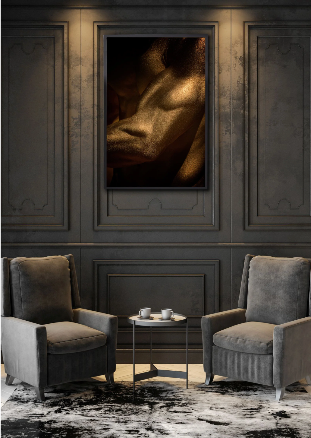 Golden male torso fine art photograph displayed in a refined dark interior with two armchairs, modern wall paneling, and soft spotlighting.