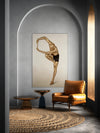 Golden male figure in yoga dancer pose by Zack Zublena, contemporary fine art photography with a gold-painted body, wall art for modern interiors and wellness spaces.”