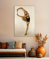 Golden-painted male figure in an advanced yoga pose, balancing on one leg with arms extended, fine art photography by Zack Zublena celebrating strength, flexibility, and inner focus.