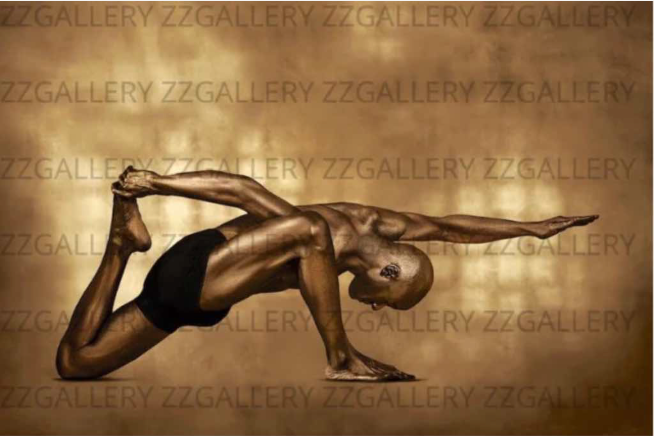 Golden male yoga stretch pose fine art photography on golden background wall art print