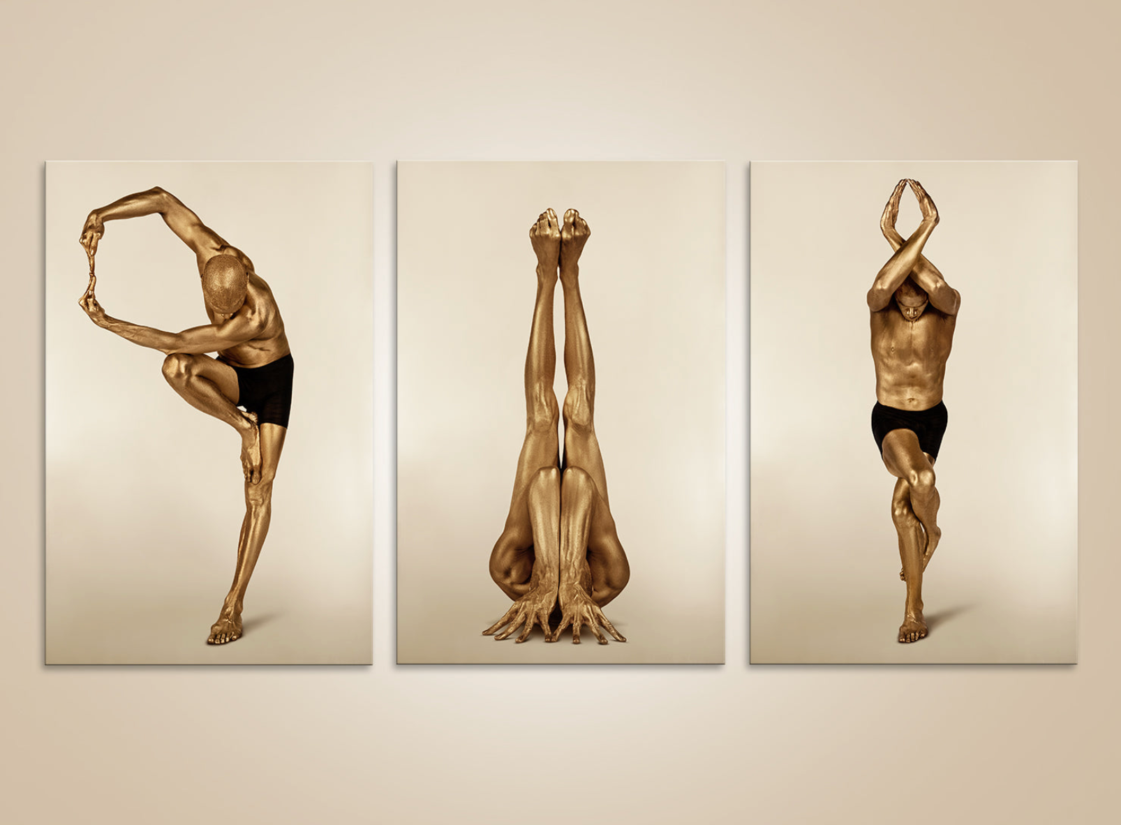 Golden male yoga triptych with three sculptural poses, fine art photography in gold for luxury wall decor