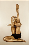 Golden-painted male yogi in vertical leg stretch, seated in serene focus – fine art wall photography