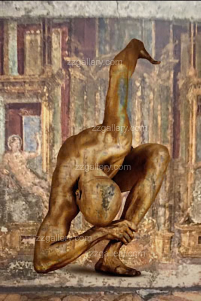 Golden-painted figure in advanced yoga pose against faded ancient mural backdrop – timeless sculptural fine art composition