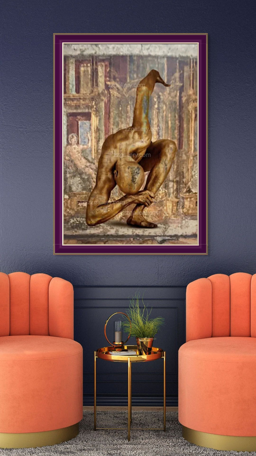 Golden male yogi sculpture-like pose against an ancient mural backdrop. Contemporary fine art photography by Zack Zublena blending classical fresco textures with spiritual body art for luxury interiors and meditation-inspired wall decor.