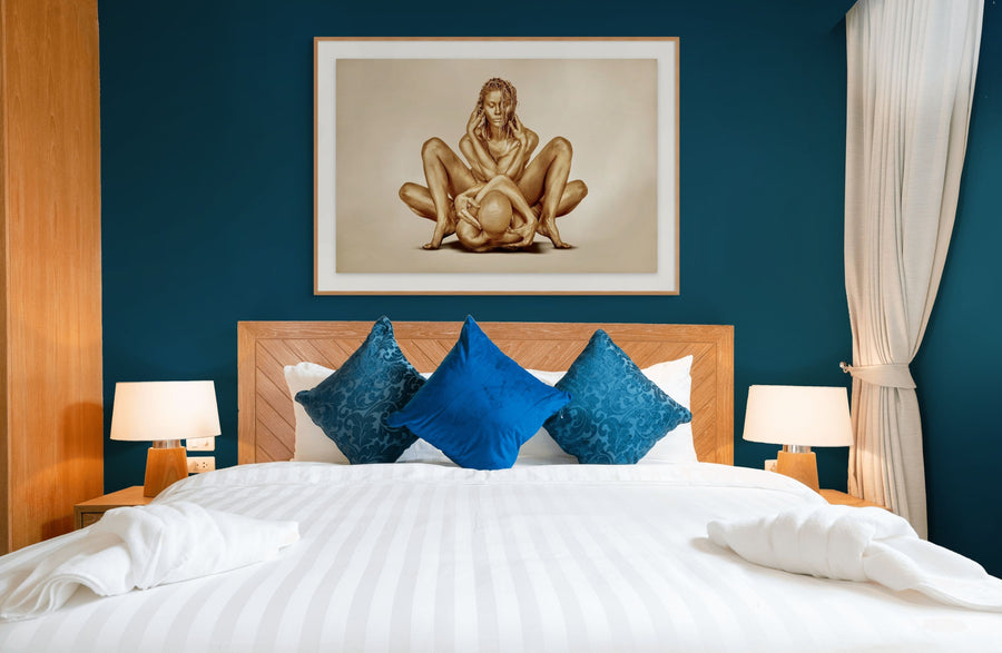Golden man and woman contemporary art photograph – museum quality wall decor in luxury bedroom setting

