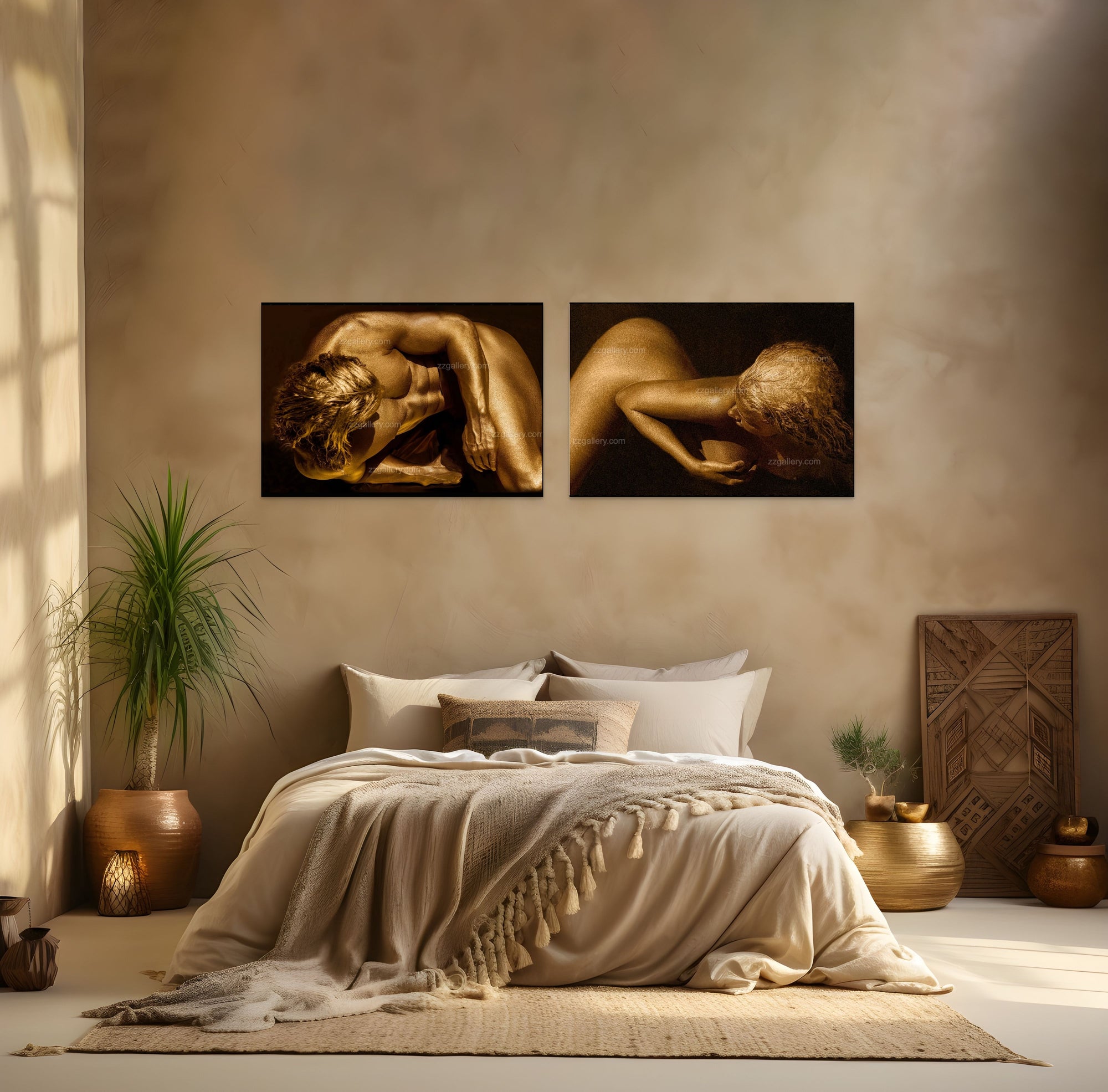 Golden-painted male and female figures in a diptych composition, fine art photography by Zack Zublena exploring divine union, balance, and harmony through light and form.