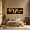 Golden-painted male and female figures in a diptych composition, fine art photography by Zack Zublena exploring divine union, balance, and sacred intimacy through light and form.