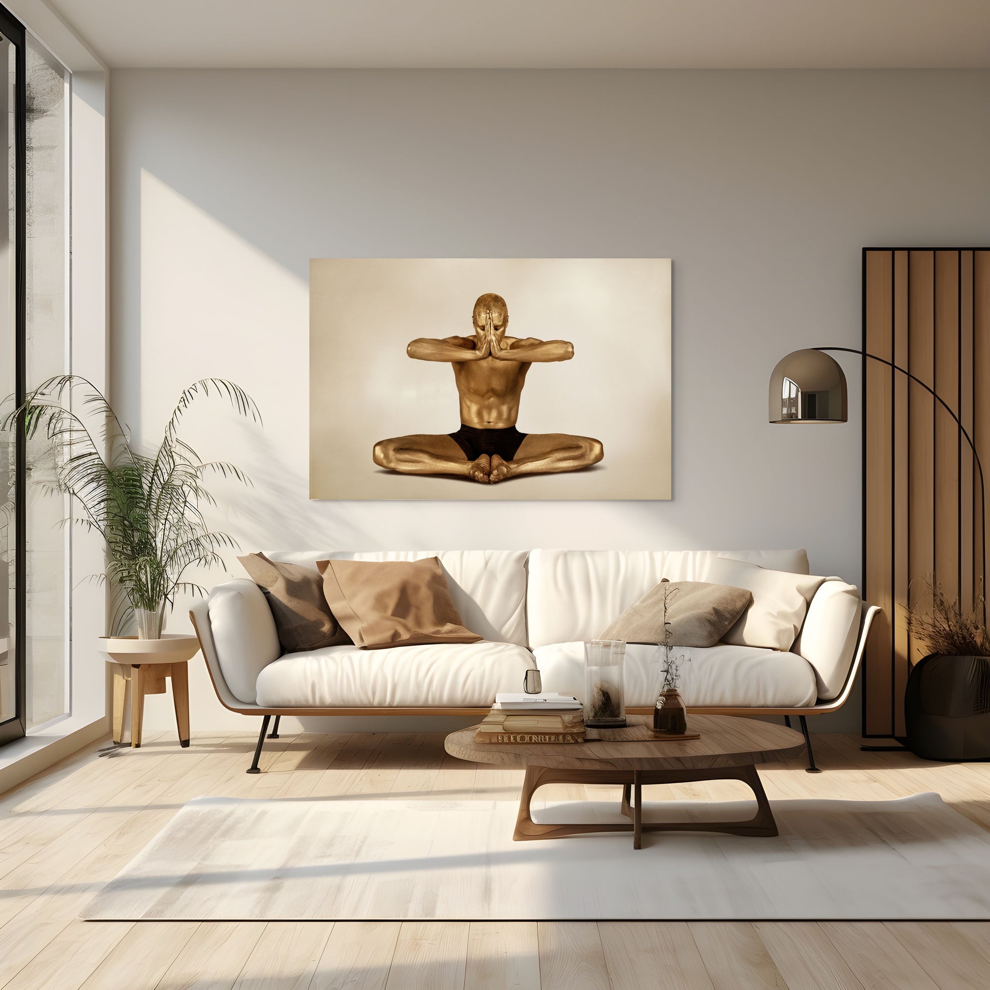 Golden-painted male figure seated in a cross-legged meditation pose with arms extended in prayer, captured in conceptual fine art photography for luxury wall decor.
