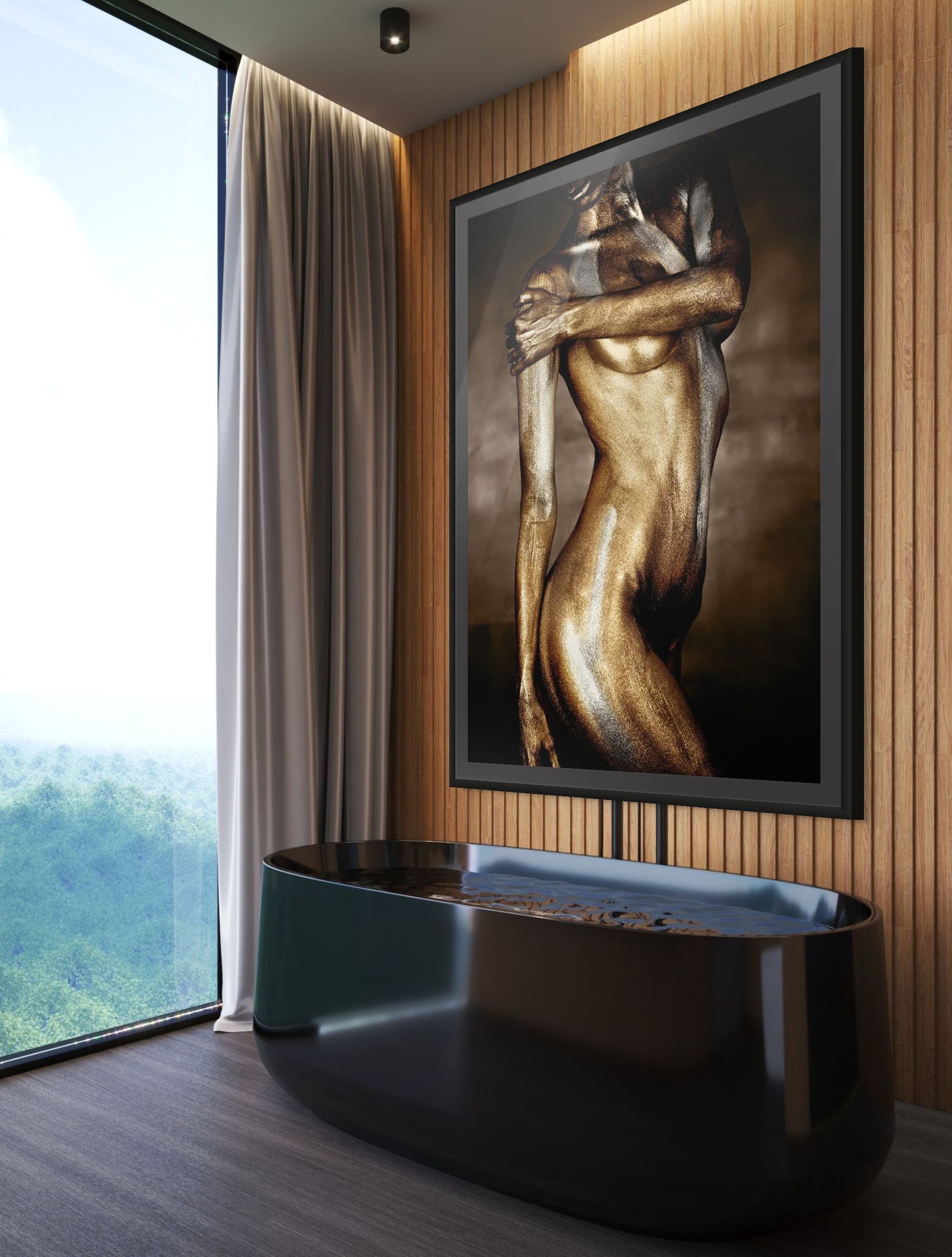 Golden metallic fine art photography featuring a figurative form painted in gold and silver tones, presented as sculptural artwork in a modern luxury interior.