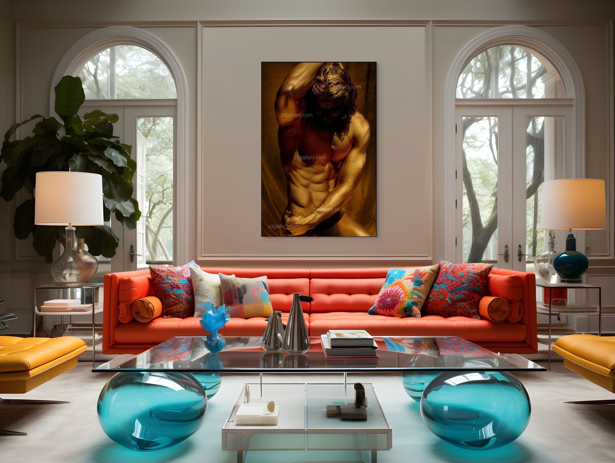 Golden-painted male figure captured in dramatic lighting, showcasing strength and vulnerability with sculptural elegance. Fine art photography by Zack Zublena, inspired by Michelangelo, evoking classical artistry and timeless presence for luxury interiors and collectors.