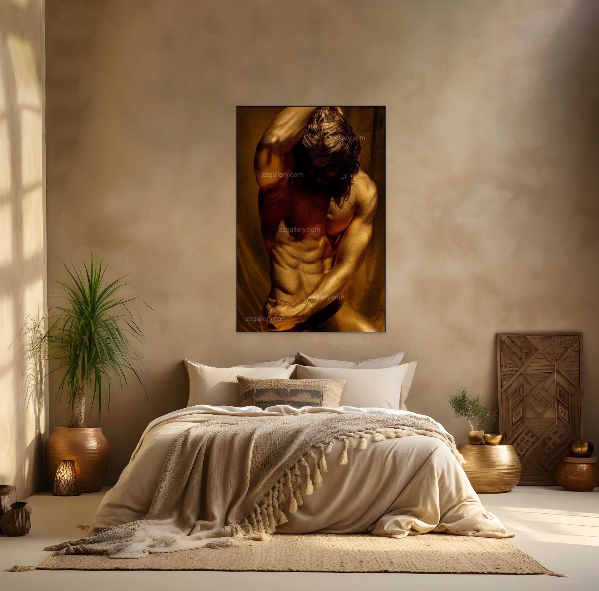 Golden-painted figure artwork by Zack Zublena, blending sculptural elegance and timeless strength. Fine art wall décor inspired by Michelangelo, evoking classical reverence, sacred presence, and refined artistry for luxury interiors, wellness spaces, and contemporary collectors.