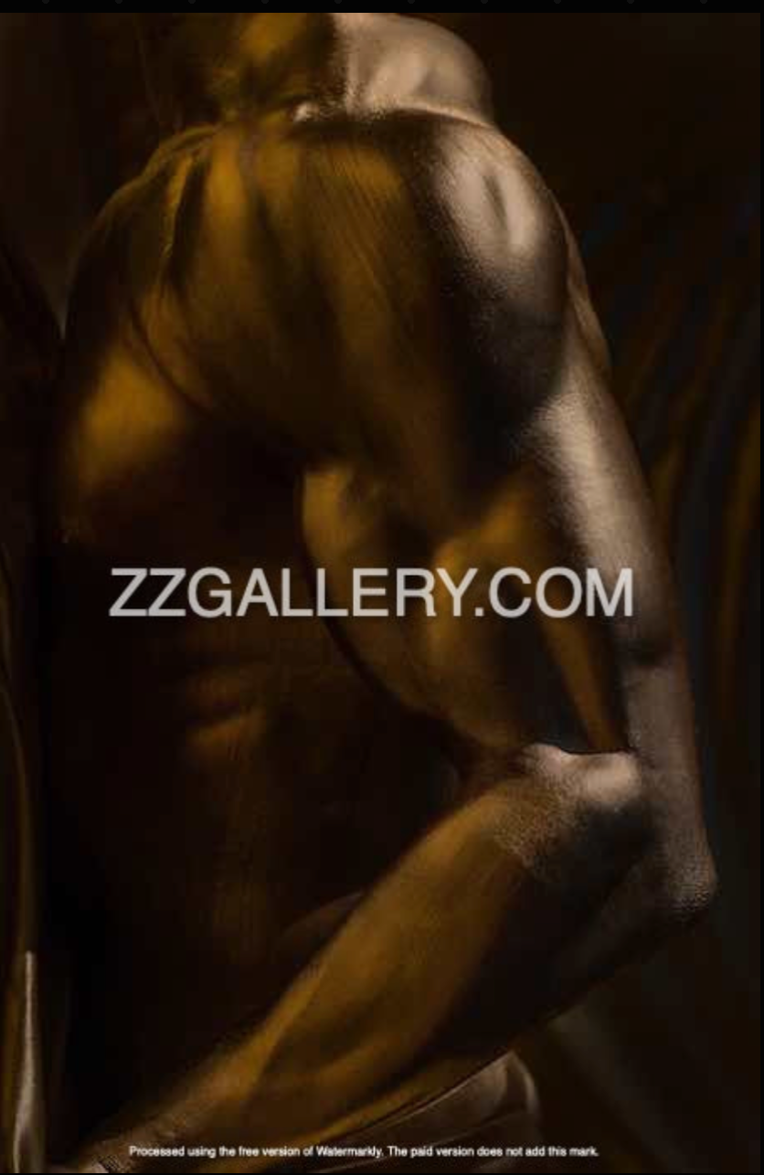 Golden muscular male nude in powerful pose, erotic gay fine art photography celebrating strength, masculinity, and luxury homoerotic wall decor.