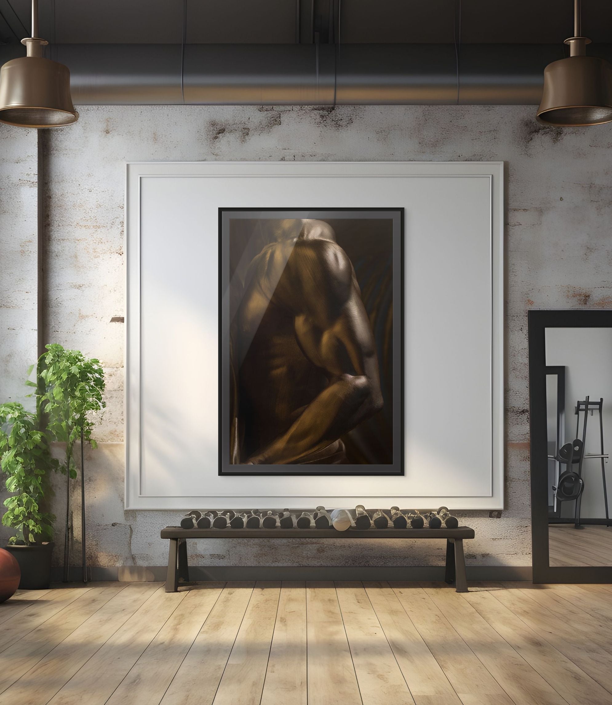 Golden muscular male torso fine art print created for contemporary interiors, luxury gyms, wellness spaces, and modern design projects. A striking artwork for collectors, hotels, spas, and workout-inspired interiors, celebrating strength, discipline, and sculptural aesthetics.