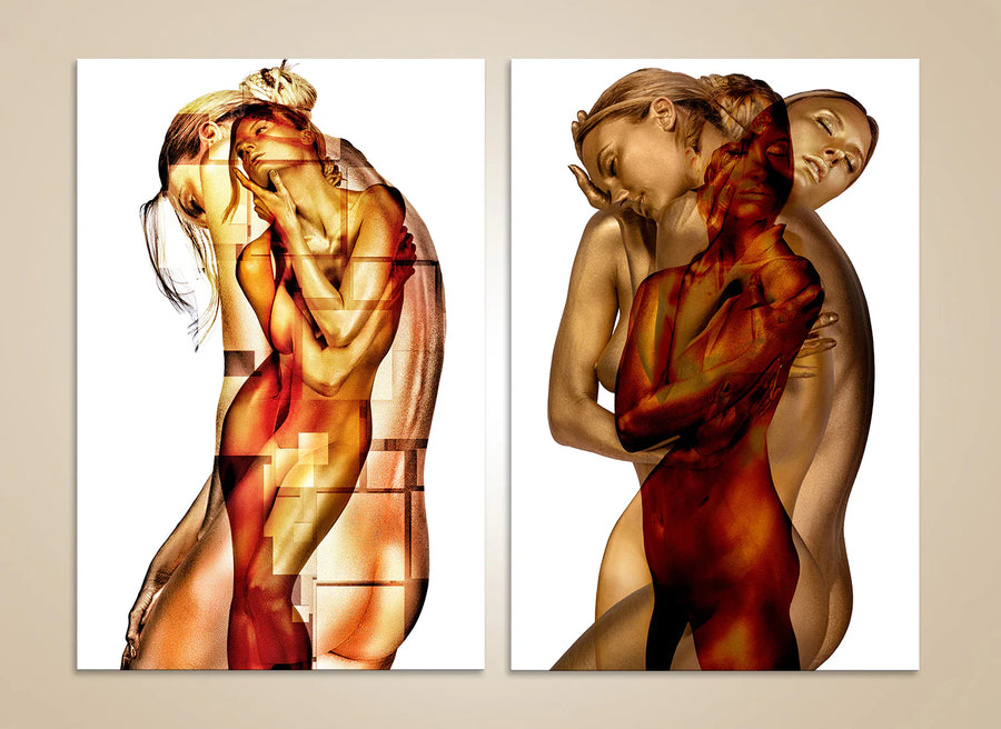 Golden nude abstract diptych wall art – luxury fine art photography set with geometric surreal design